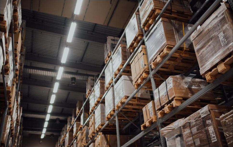 Cardboard boxes on warehouse racks